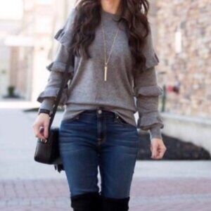 EUC Women's J. CREW Ruffle Sleeves Wool Blend‎ Gray Sweater | Size XS